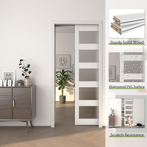 JUBEST Pocket Door 36"x80", 5-Panel Tempered Frosted Glass Sliding Pocket Door with Soft Close Pocket Door Frame Kit, Water-Proof PVC Surface, Assembly Needed, White