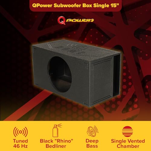 Q Power Q Bomb Series 15 Inch Ported Car Subwoofer Sub Box Enclosure with Single Vented Chamber Design and Black Bed Rhino Liner Spray Finish, Black
