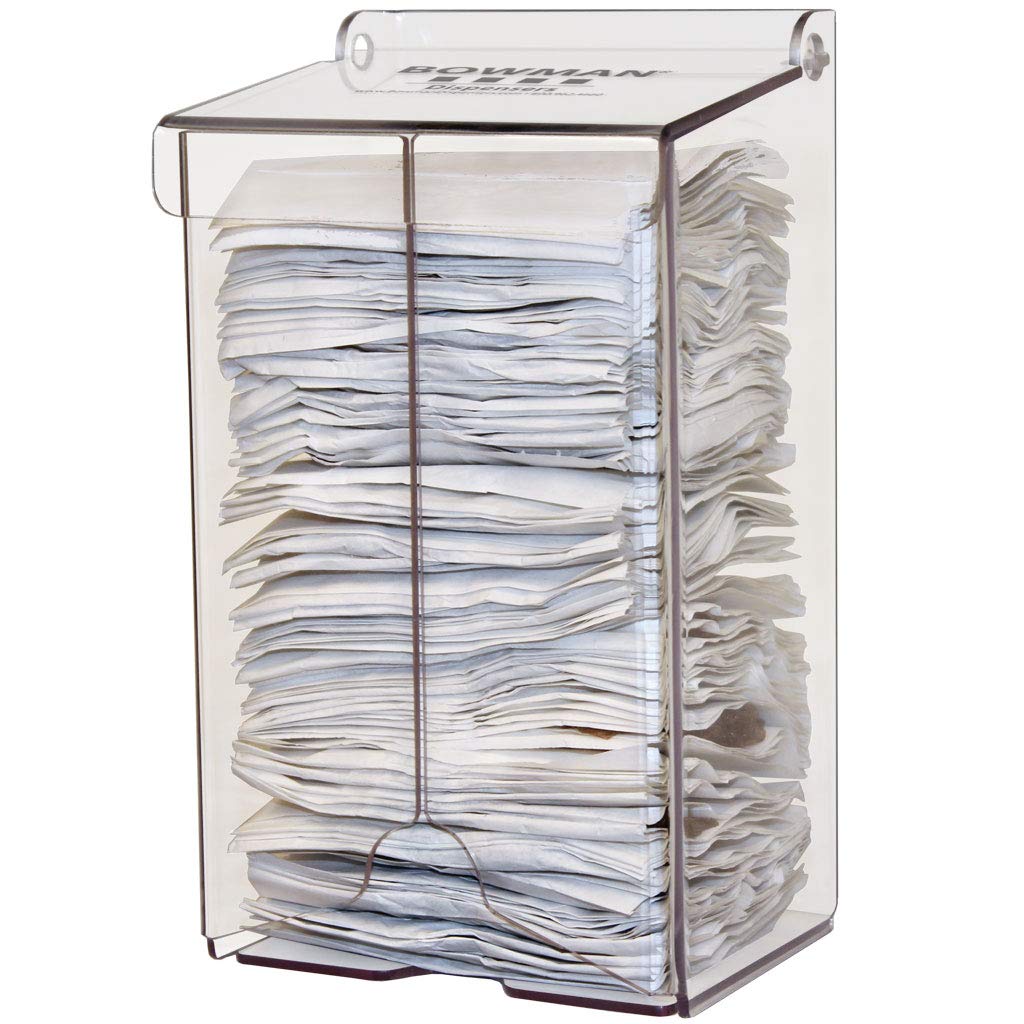 Hairnet Dispenser-Bulk Holds Individual hairnet Packages Single Compartment Top Loading,Bottom Dispensing Wall mounting or on Counter Clear PETG Plastic Dims: 3.92”L x 4.45”W x 7.98”H Pack of 2