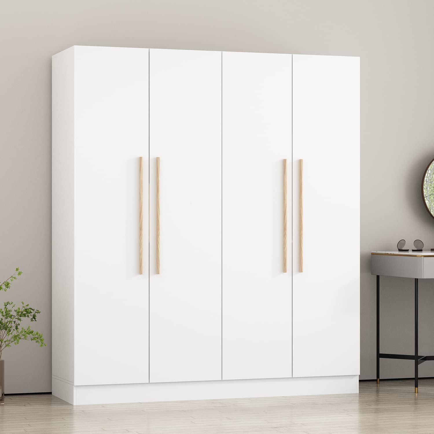 Large Wardrobe Armoire Closet with 4 Doors, Freestanding Wardrobe Cabinet for Hanging Clothes, Bedroom Armoire Dresser Wardrobe Clothes Organizer, 4-Door White (63" W x 19.7" D x 70.9" H)