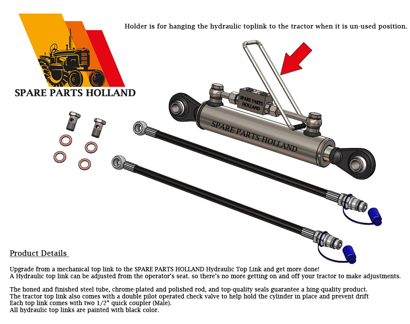 Hydraulic Top Link Cat. 2-2 with Locking Block 22 3/8” - 33 1/2 with 2 x Hose