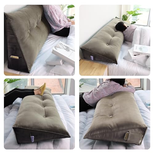 WOWMAX Large Bed Wedge Pillow for Headboard Bolster Triangular Headboard Pillow Daybed Positioning Support Reading Pillow for Sitting in Bed with Removable Cover, Gifts for Mom King Velvet Blue