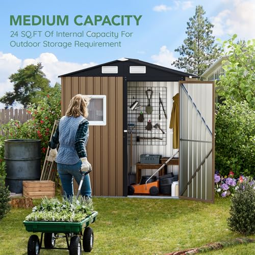 10X12X7.5 FT Outdoor Steel Storage Shed with Lockable Doors, 2 Windows, Transparent Roof Panels (Wood Panels & Frame Floor Not Included), Ideal for Patio Storage,Garbage Can, Chicken Coop，Brown