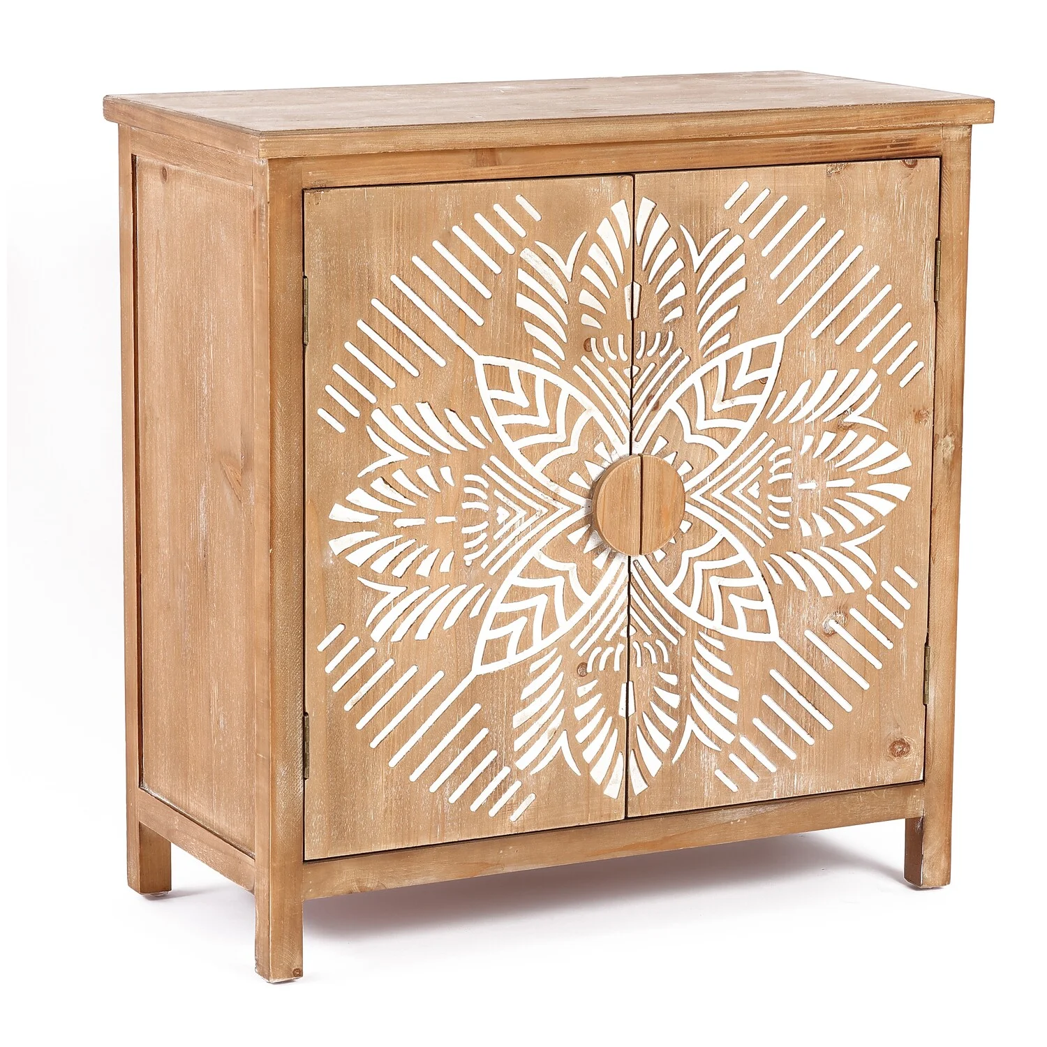 LuxenHome Natural Wood Floral 2-Door Storage Cabinet