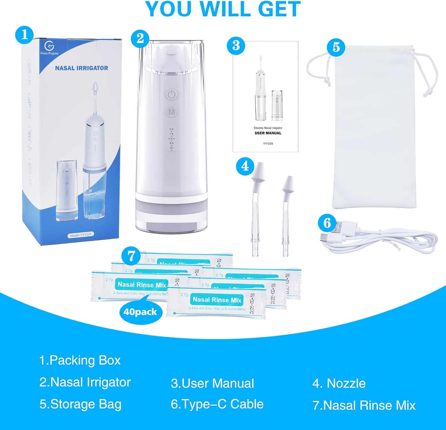 Nasal Sinus Irrigation System, Nose Wash Cleaner 4 Pressure Rinse Nasal Irrigation for Adult & Kid with 40 Nasal Wash Salt Packets