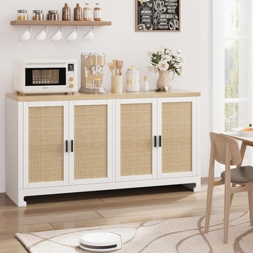 IDEALHOUSE Buffet Cabinet, Rattan Storage Cabinet with 4 Doors and Shelf, Sideboard Buffet Cabinet with Storage, Accent Cabinet Console for Dining Room, Living Room, Hallway (White)