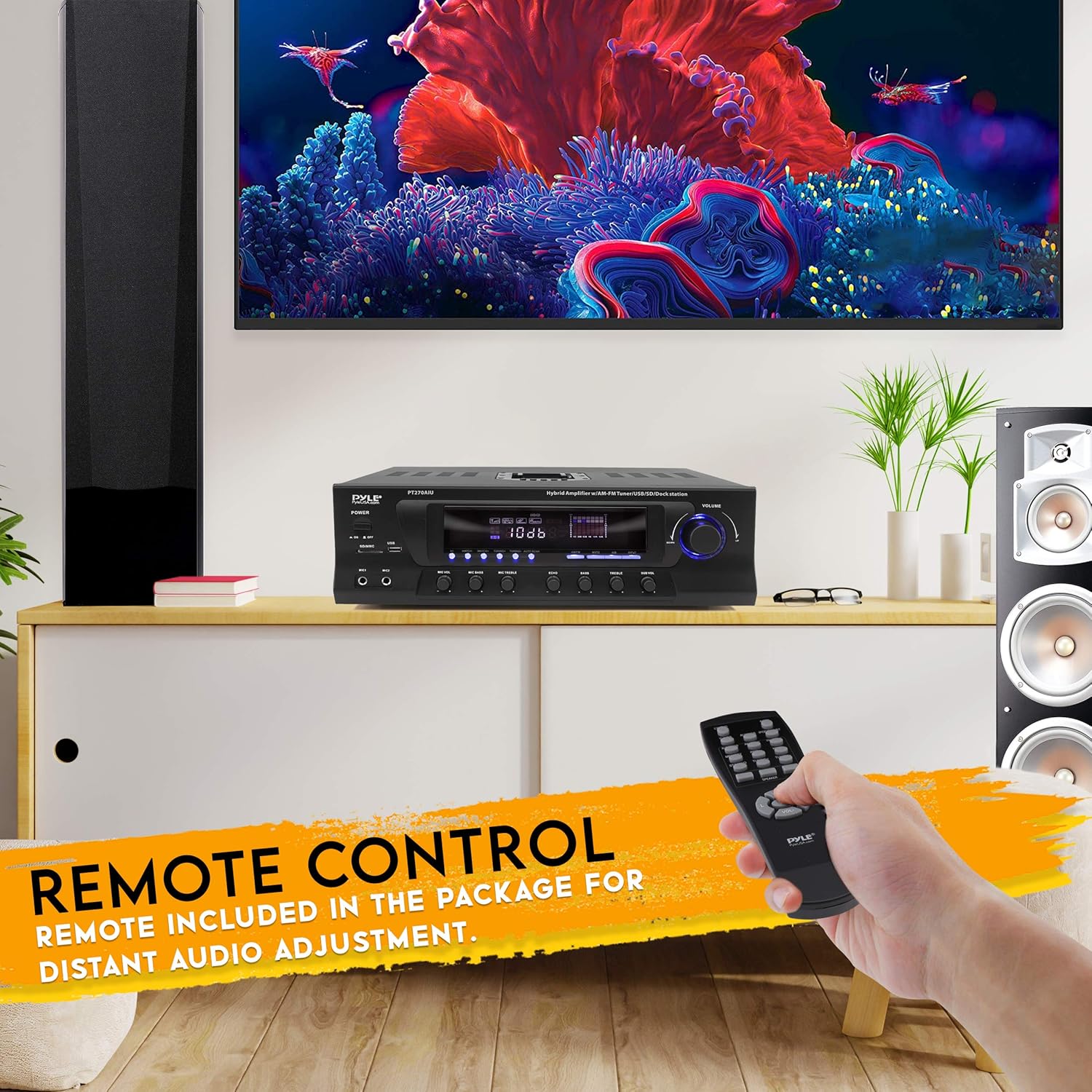 300W Digital Stereo Receiver System - AM/FM Qtz. Synthesized Tuner, USB/SD Card MP3 Player & Subwoofer Control, A/B Speaker, iPod/MP3 Input w/Karaoke, Cable & Remote Sensor - Pyle PT270AIU.5
