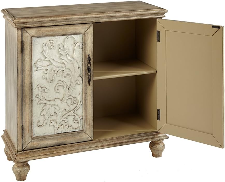 Elegant Floral Carved 2-Door Accent Cabinet with Adjustable Shelf, Natural Wood Finish, Sturdy Solid Wood Legs, Home Organizational Furniture, Stylish Farmhouse Design, Spacious Interior