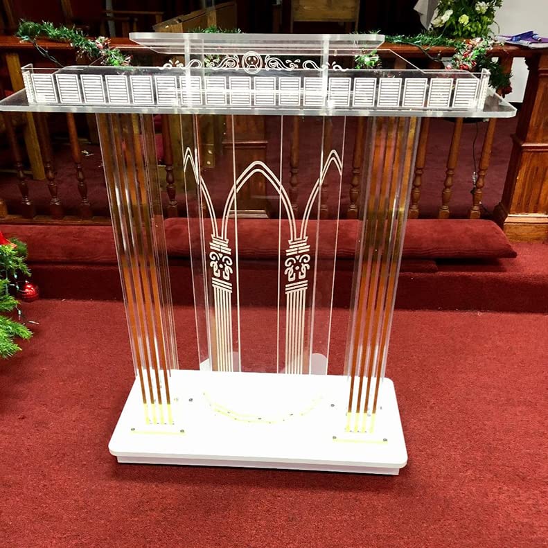 Acrylic Podium w/Casters Floor Standing Super Golden Luxury Podium Table Church Rolling Podium Conference Room Company Lectern Reception Desk