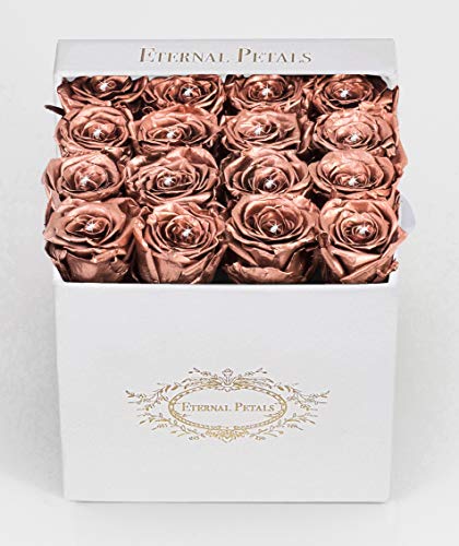 Real Roses That Last A Year - 16 Roses in a White Flower Box with 16 Swarovski Crystals (Deep Red)