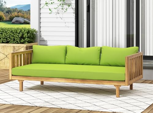 Merax Outdoor 3 Seater Daybed, Acacia Wood Day Bed Couch Sofa with Cushions for Patio Backyard, Garden, Grey