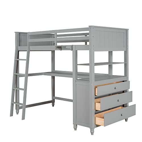 Merax Loft Bed Twin Size with Desk, Wood Frame with Shelves & Drawers, Inclined Ladder Design, White