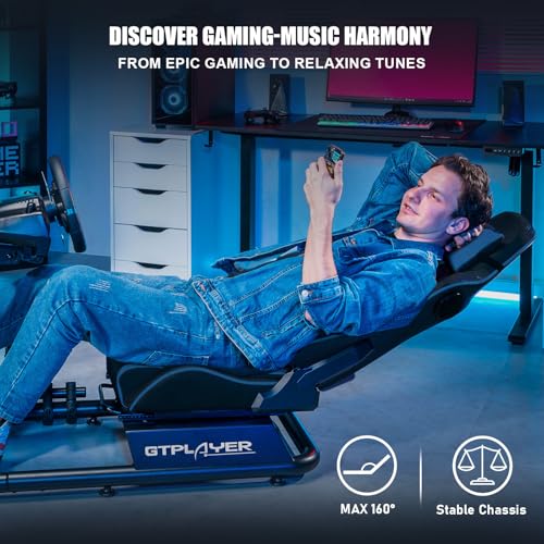 GTPLAYER Racing Simulator Cockpit with Seat and Bluetooth Speakers, Racing Style Reclining Seat and Ultra-Sturdy Alloy Steel Frame, A/B Box (Blue)