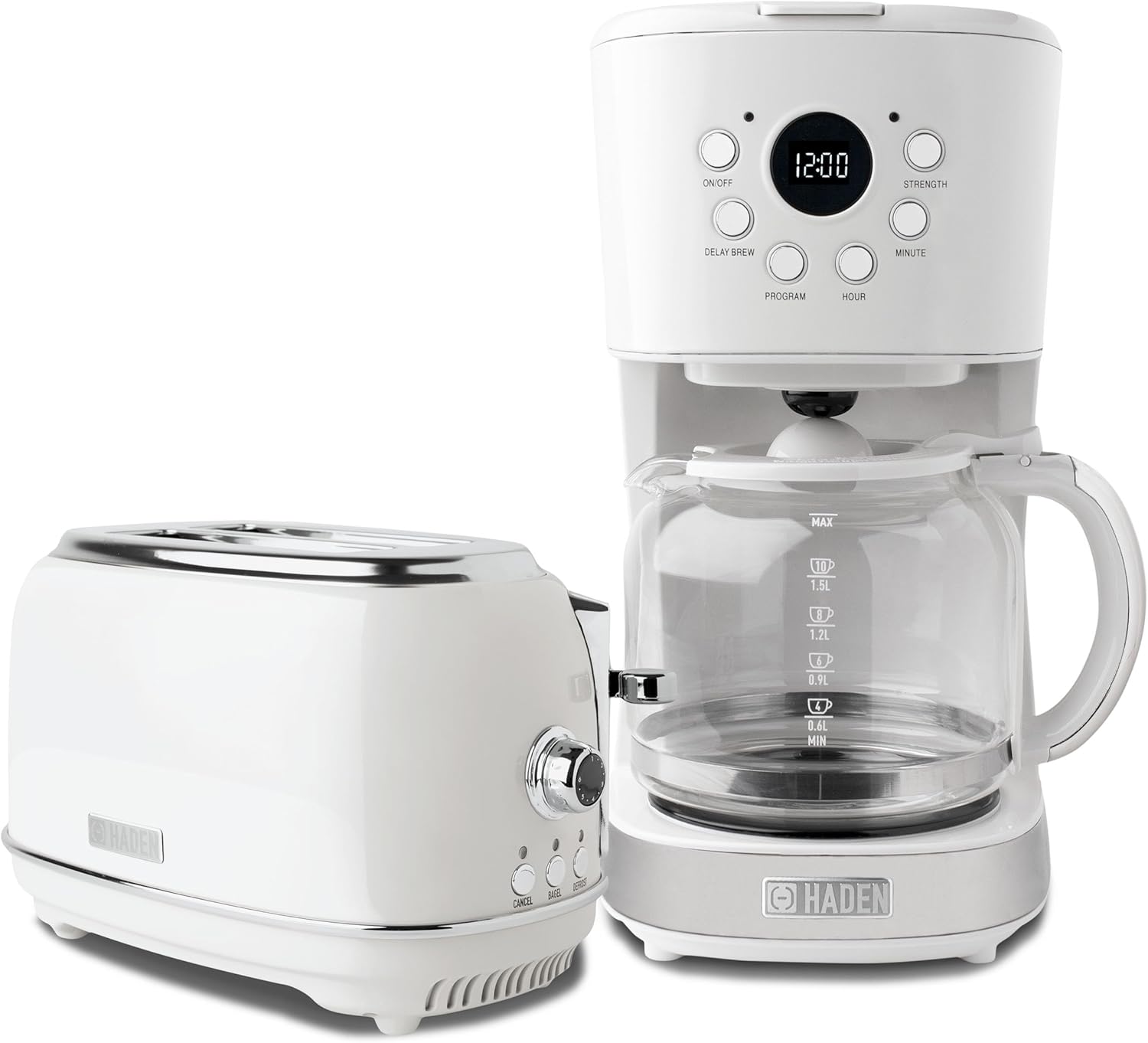 HADEN 12 Cup Programmable Coffee Maker with Brew Strength Control and Heritage Stainless Steel Bread Toaster 2 Slice Wide Slot, White