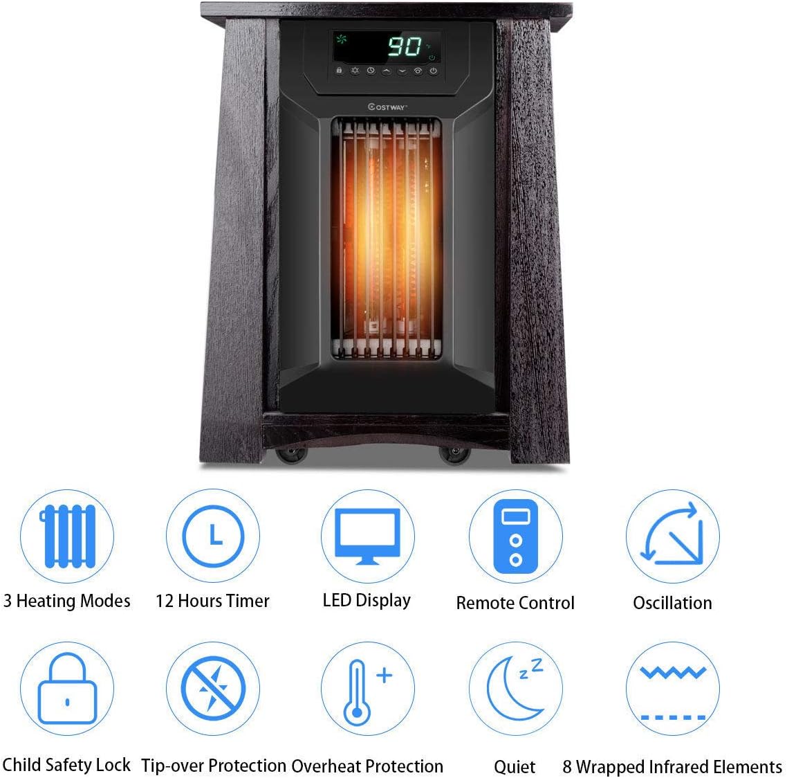COSTWAY Infrared Space Heater 1500W, Portable Radiator Heater with Remote, 12H Time & Adjustable Thermostat, Small Electric Heater for Indoor Use Home Office Bedroom, Brown + Black