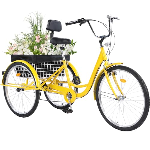 24/26 Inch Tricycle 7-Speed 3 Wheel Cruiser Adjustable Trike with Bell and Large Basket,for Recreation, Shopping, Picnics, Adult Man and Women (Black/Green/Red/Yellow)