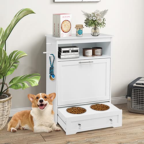 Dog Feeding Station Dog Food Storage Cabinet with 2 Raised Dog Bowls, Dog Food Storage Container, Pull Out Elevated Dog Bowls for Water and Feeding Supplies, Pet Toy Storage Organizer,White