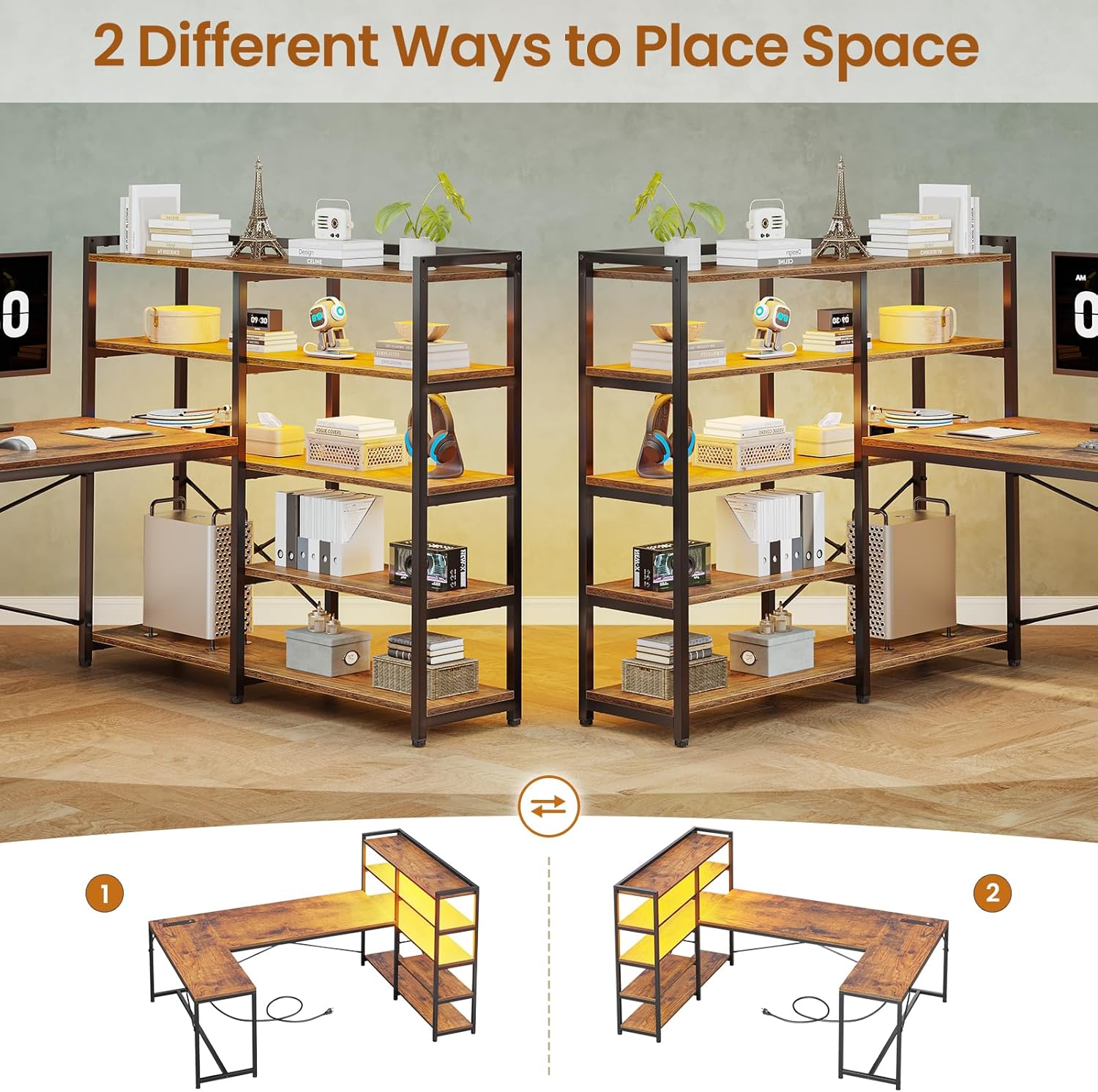 SEDETA L Shaped Computer Desk, 64.5'' Reversible U Shaped Office Desk with Storage Shelves & Power Outlet, L Shaped Gaming Desk with LED Light, Bookshelf for Home Office, Rustic Brown