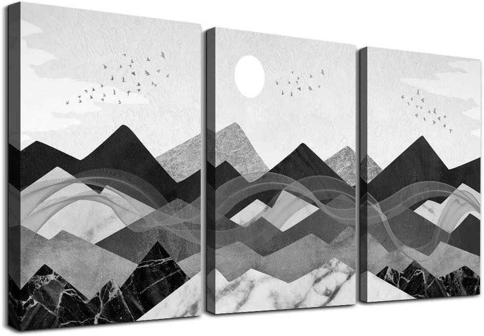 3 piece Framed Canvas Wall Art for Living Room bathroom Wall decor Black and white landscape paintings modern kitchen Bedroom Decoration Abstract geometric mountains pictures Artwork for home walls