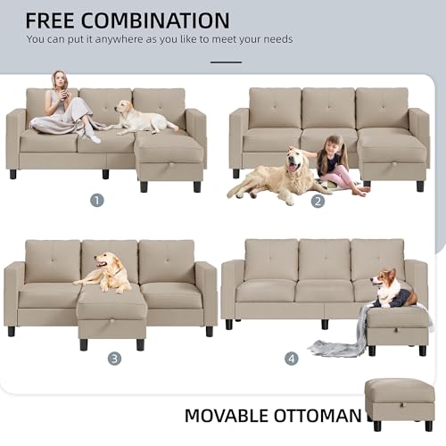 Shintenchi Upholstered Convertible Sectional Sofa for Living Room, 3 Seat L Shaped Couches with Storage Function Ottoman, Modern Linen Convertible Sofas with Reversible Chaise