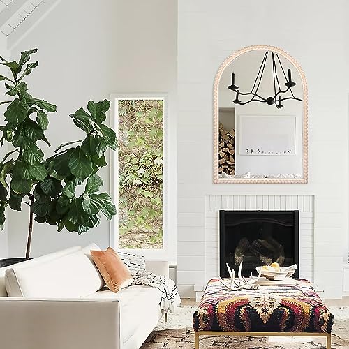 24"x36" Arch Wall Mirror Wooden Framed with White Wooden Beads, Modern Rustic Distressed Hanging Wall Mirror for Entryway, Living Room or Bedroom Home Decor