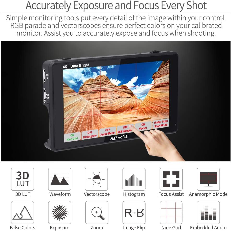 FEELWORLD LUT6 6 Inch 2600nits HDR 3D LUT Touch Screen DSLR Camera Field Monitor with Waveform VectorScope Histogram 4K HDMI Input Output 1920X1080