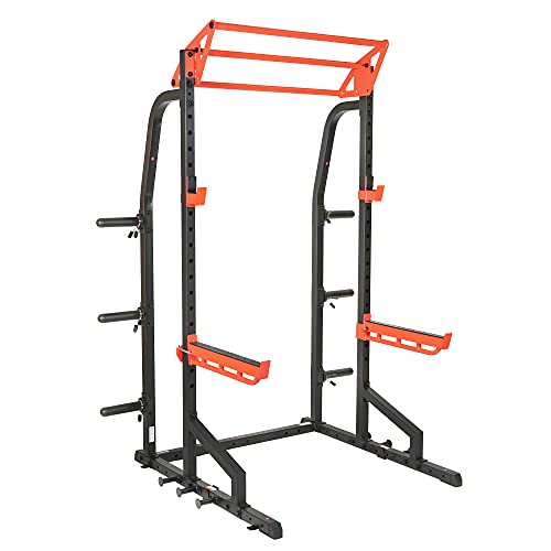 Sunny Health & Fitness Power Zone Half Rack Heavy Duty Performance Power Cage with J-Hooks, Adjustable Pull Up Bar Optional Bench with Dumbbell Rack, Premium Incline Bench, LAT Pull Down Attachment