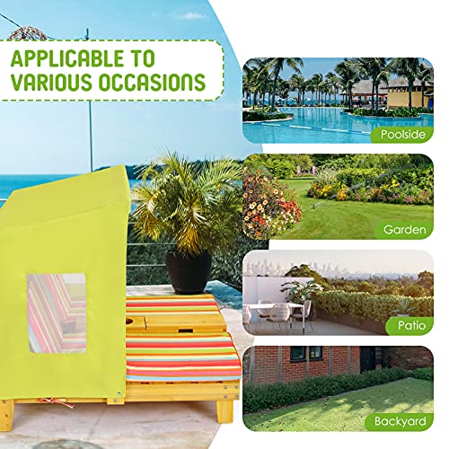KOTEK Kids Lounge Chair Outdoor, Wood Double Chaise Lounge with Cup Holders, Removable Canopy & Stripped Fabric Cushions, Pool Kids Patio Furniture Cabana Lounger for Toddlers & Pets (Green+Orange)