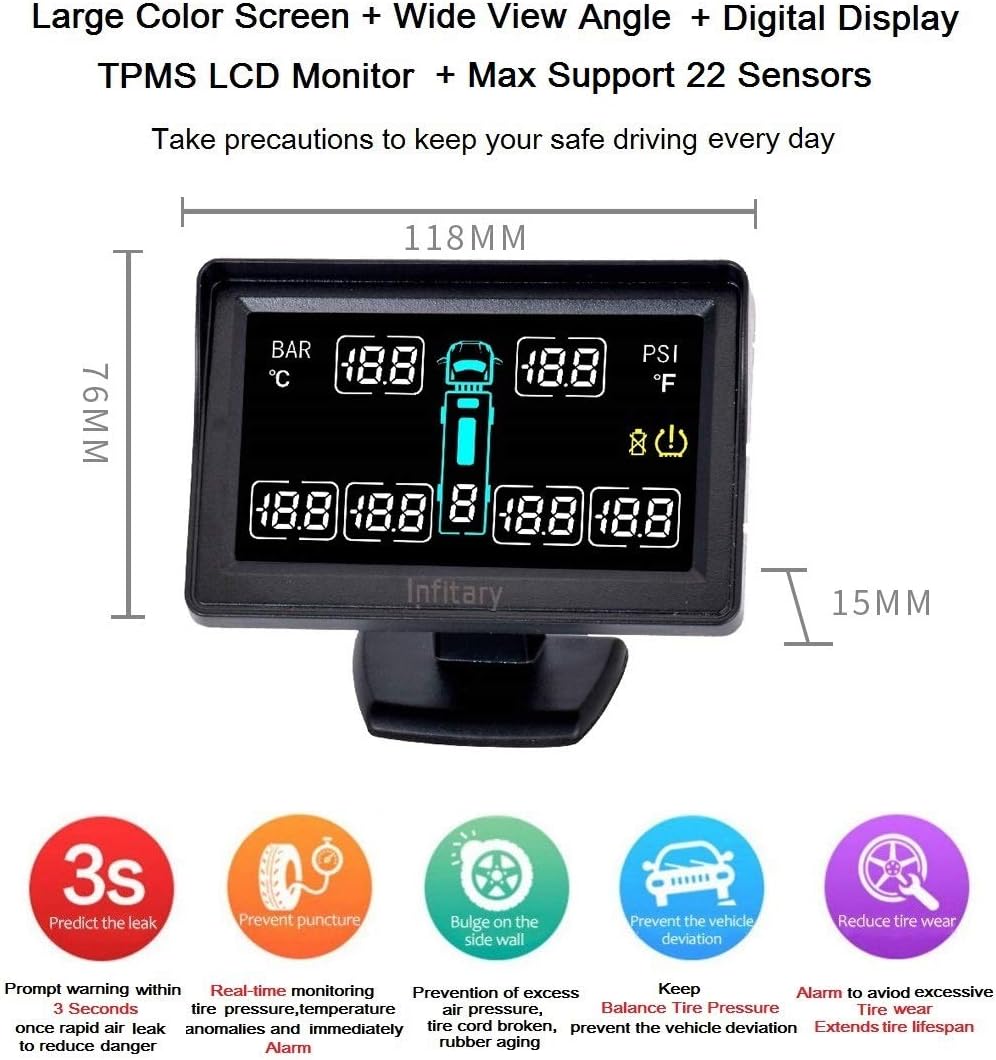 INFITARY RV TPMS Tire Pressure Monitoring System Truck Trailer Real Time Monitor Tire Pressure Temperature Air Leakage Battery Auto Alarm 6 Anti-Theft External Cap Sensor for 4-6 Tires' Car Pickup Tow