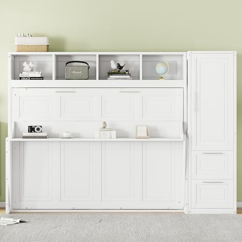 P PURLOVE Full Size Murphy Bed,Solid Wood Cabinet Bed,Folding Murphy Wall Bed with Closet and Drawers,White