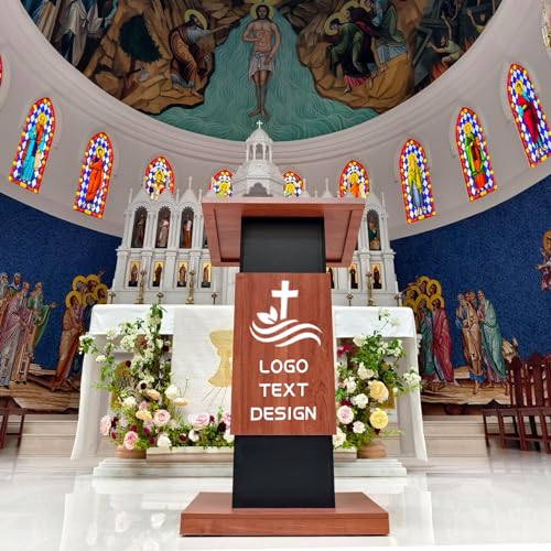 47’’ Wooden Podium Stand with Wheels, Portable Lectern Churches with 15 MM Particle Board, Pulpits Stand with Storage, Lockable Wheels, Mic Stand for Churches, Office, School