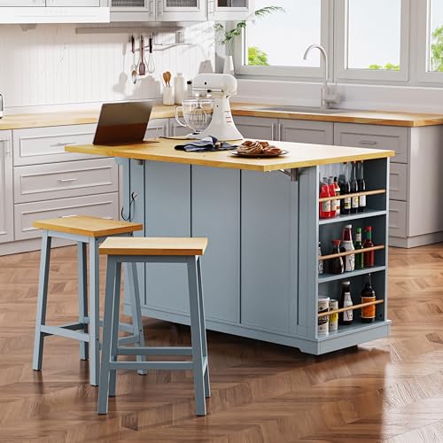 53" Rolling Large Kitchen Island Set with Power Outlet,Mobile Carts with Storage Cabinet,Extra Drop Leaf,3 Drawers and 5 Open Side Racks,Wood Table for Dining Room (Island & Stools)
