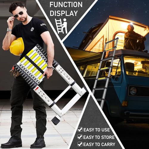 Telescoping Ladder with Hooks 12.5 FT - Aluminum Telescopic Ladder with Stabilizer - Retractable Extension Ladders for Home Loft Roof RV Work with EN131 Certification - 330lbs Max Capacity