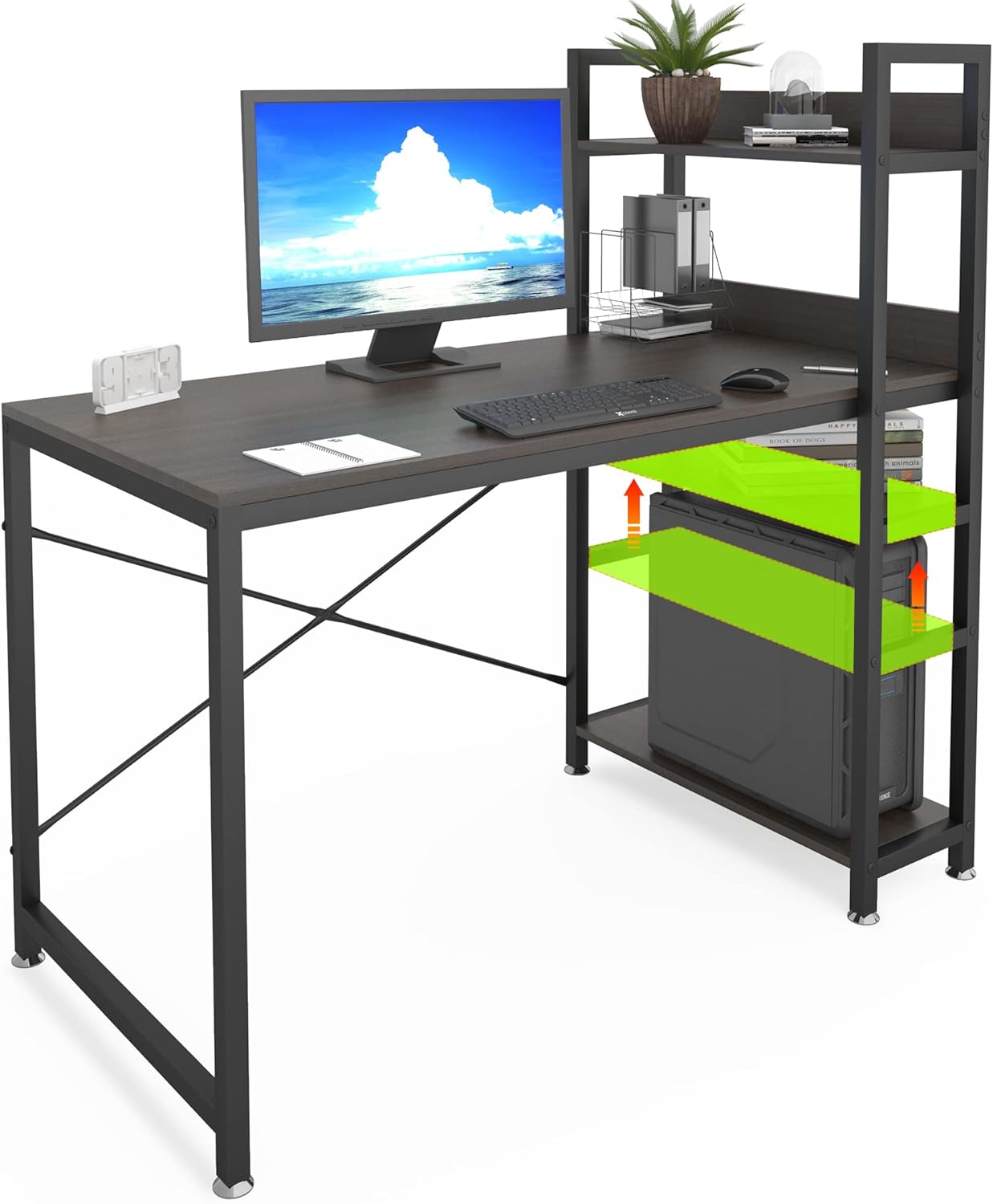 JSungo Computer Desk with 4 Tiers Shelves, 47 Inch Sturdy Table with Reversible Bookshelf for Home Office, Study Tower Desk for Small Space, Industrial Modern Style, Black