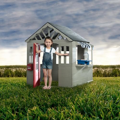 Delta Children MySize Deluxe Outdoor Playhouse with Play Sink with Running Water, Picnic Table & Mailbox – Premium Wooden Cedar Playhouse for Kids, Grey