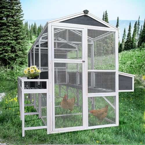 95''X80''X83'' Wooden Chicken Coop with Run – 3-Tier Walk-in Poultry House for 8-10 Chickens, Nesting Boxes, Pull-Out Trays & Rainproof Cedar Design – Gray Outdoor Backyard Cage