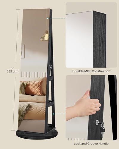 SONGMICS 6 LEDs Lockable Mirror Jewelry Cabinet, 360° Swivel Jewelry Organizer, Standing Jewelry Armoire, Frameless Full-Length Mirror, 3 Storage Shelves, White Surface, Black Lining UJJC007W01