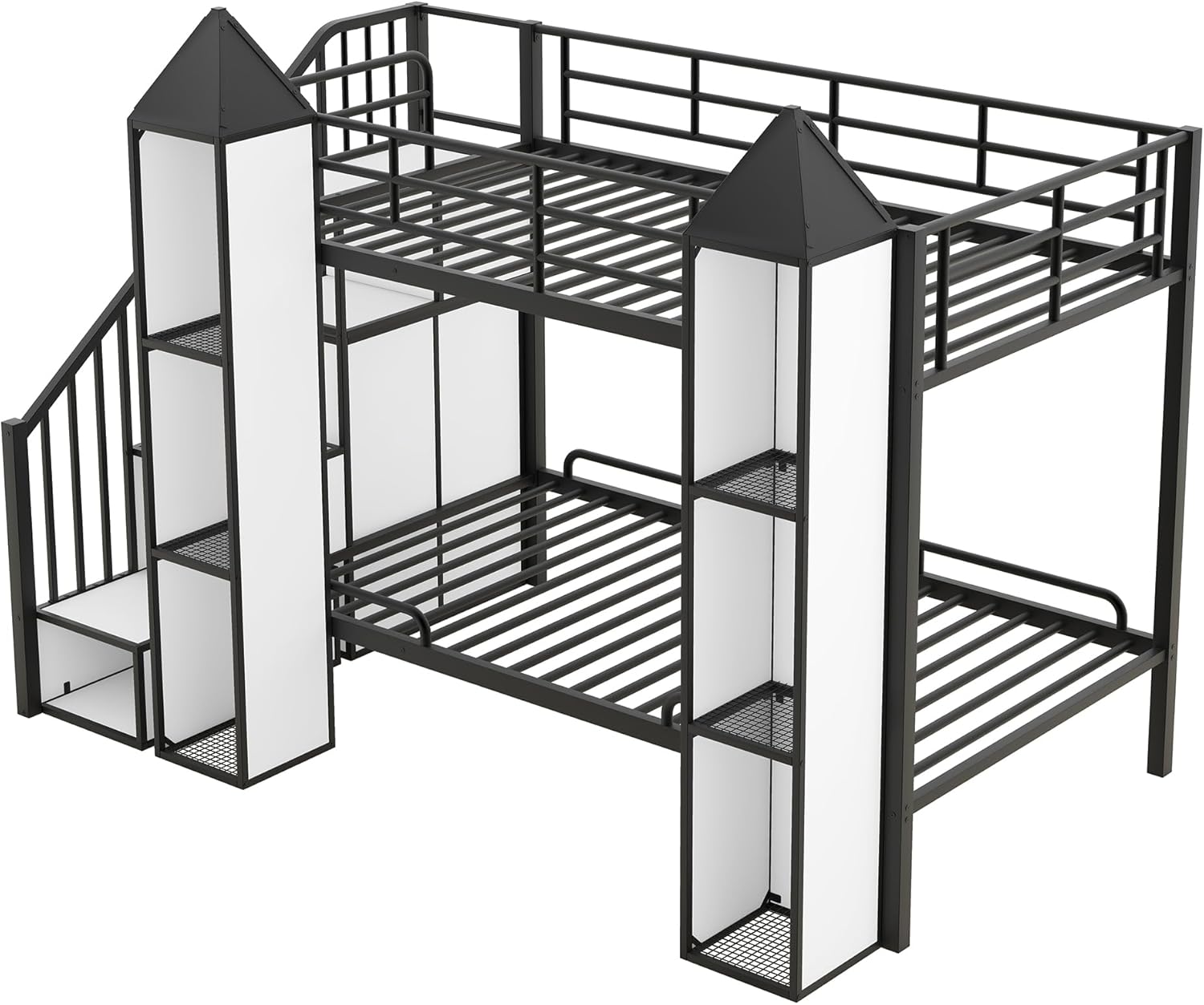 Twin Over Twin Castle Bunk Bed with Stairs, Wardrobe and Multiple Storage, Metal Bunkbeds with Staircase and Shelves, for Kids Teens Bedroom, Black+White