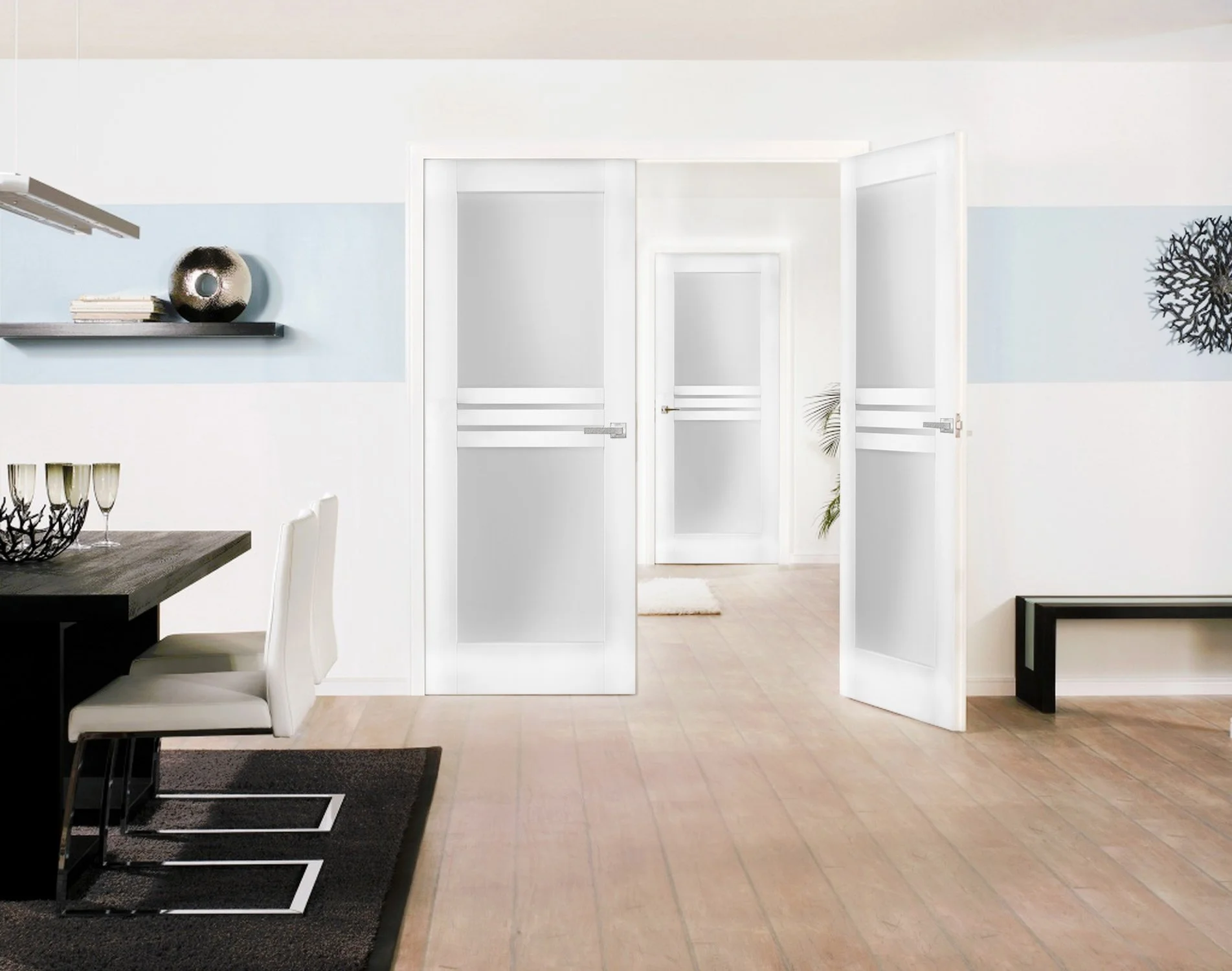 Solid French Double Doors 56 x 84 inches Opaque Glass 4 Lites / Mela 7222 White Silk / Wood Solid Panel Frame / Closet Bedroom Modern Doors