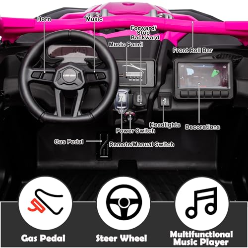 NEWQIDA 2 Seater Ride On Car with Remote Control 24V 4WD Electric Car for Kids 4x4 Ride on Truck Licensed Can Am Maverick UTV Ride On Toys for Big Kids, EVA Rubber Wheels, Spring Absorbers, Blue