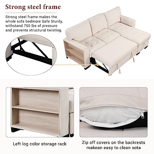 85.2" Upholstery Sleeper Sectional Couch Futon Sofa Bed with Storage Chaise for Living Room Convertible Pull Out Couch USB port 2 Cup Holders Small Lounge Space Beige