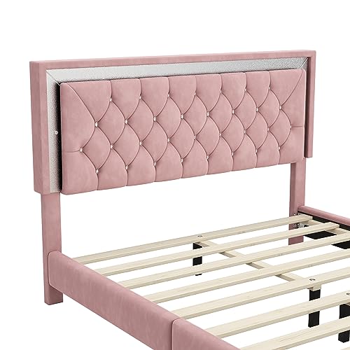 3-Pieces Bedroom Furniture Sets, Queen Size Upholstered Platform Bed with LED Lights and 2 Nightstands, Velvet Platform Bed with Crystal Tufted Headboard,Strong Wooden Slats, Metal Legs (Gray-P3A01)