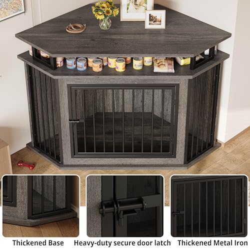 IRONCK 51" Corner Wooden Dog Crate Furniture with 2-Tier Shelves, Pet Kennel for Large Dogs, Space-Saving Dog Cage Indoor, Rustic Brown (26.7" L x 51.2" W x 33.5" H)