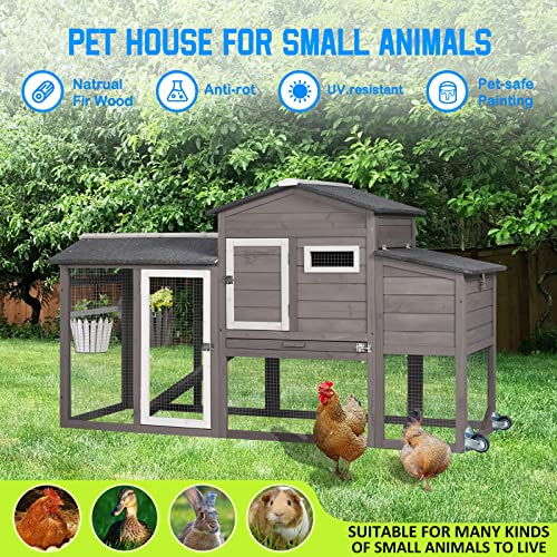 71" Chicken Coop Backyard Hen House Wooden Tractor Poultry House for Indoor Outdoor, with Chicken Nesting Box, Wheels, Waterproof Roof, Pull Out Tray