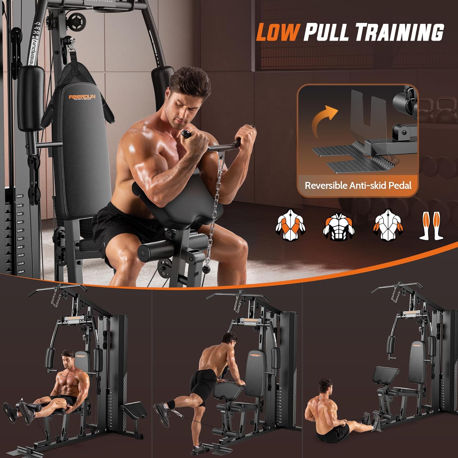 FEIERDUN Home Gym Equipment, Multi-Functional Workout Equipment with 154LBS Weight Stack, for Leg Press, Lat Pull Down, Chest presses