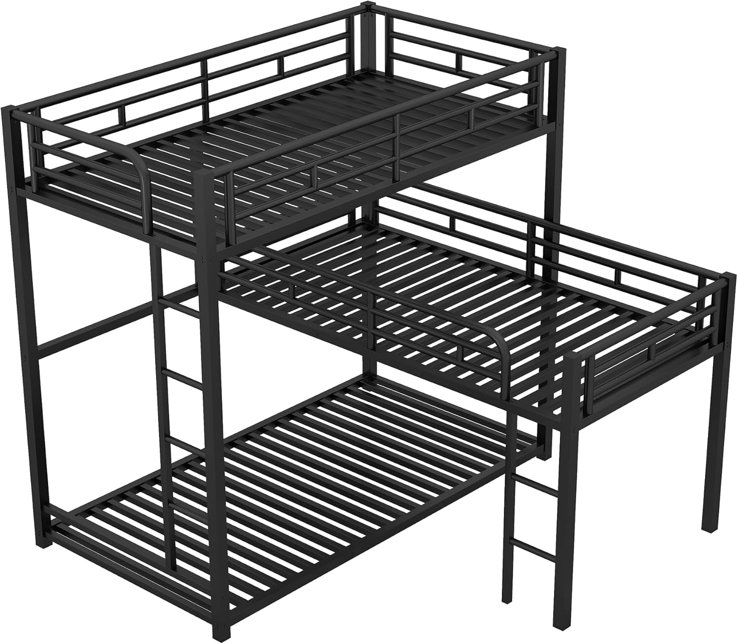L-Shaped Triple Bunk Bed, Heavy Duty Metal Twin Size Bunk Bed with Ladder and High Guardrail, Triple Bunk Bed for 3 Kids Teens Adults, Space Saving, No Box Spring Needed, Black