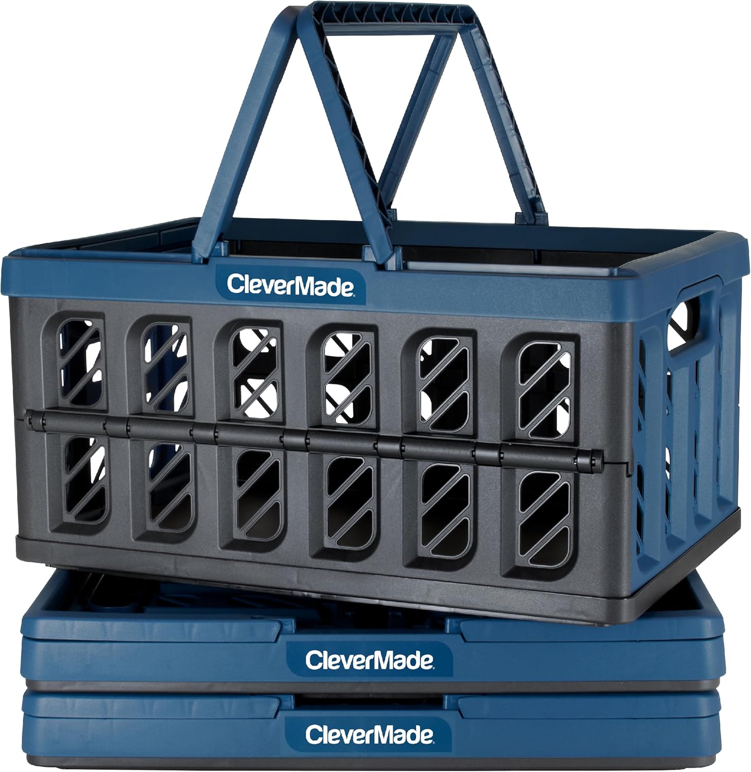 CleverMade Collapsible Storage Bin (With Lid), Tan, 3PK - 62L & Collapsible Shopping Basket, Ocean, 3PK - 24L