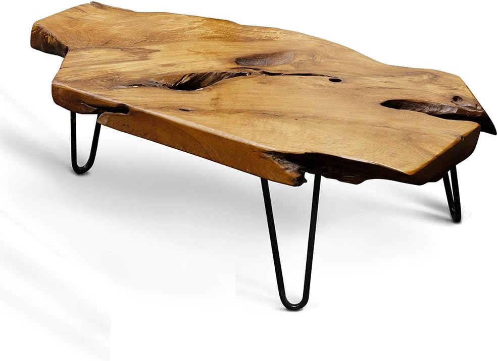StyleCraft Badang Carving Natural Wood Edge Teak Contemporary Coffee Cocktail Table with Clear Lacquer Finish and Metal Hairpin Legs for Living Room