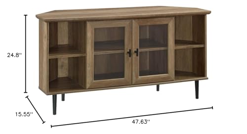 Walker Edison Modern Wood Corner Universal TV Stand with Open Shelves Glass Cabinet Doors Storage for TV's up to 55" Flat Screen Living Room Storage Entertainment Center, 48 Inch, Rustic Oak
