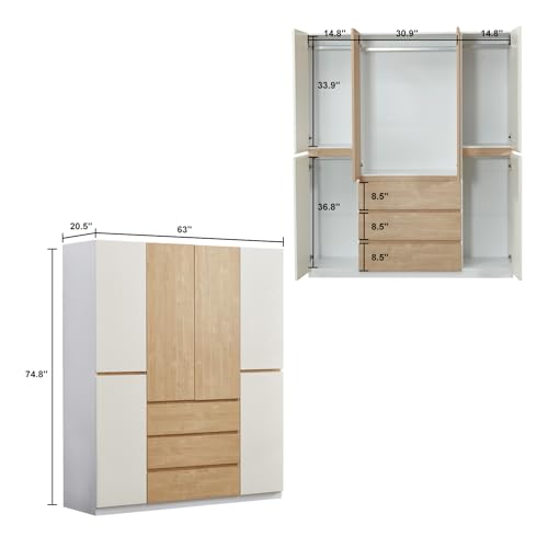 Armoire Wardrobe Closet Cabinet, 4 Door 3 Drawers Wooden Tall Cabinet Closet Wardrobe for High Storage Capacity, White Closet Cabinet with Hanging Rod 63" L x 20.3" W x 74.2" H